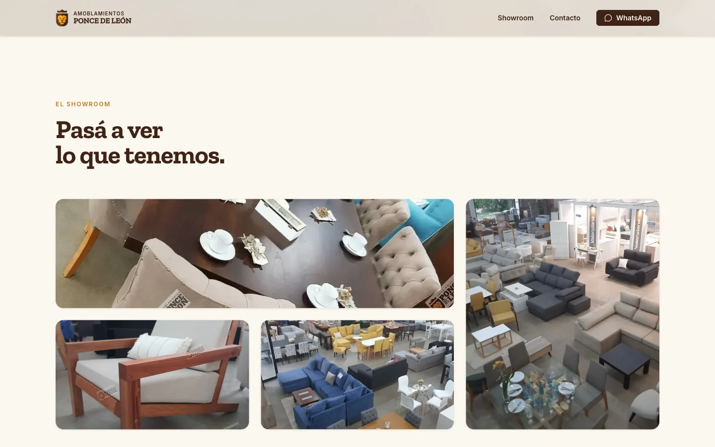 Galería bento del showroom de Amoblamientos Ponce de León — vista desktop